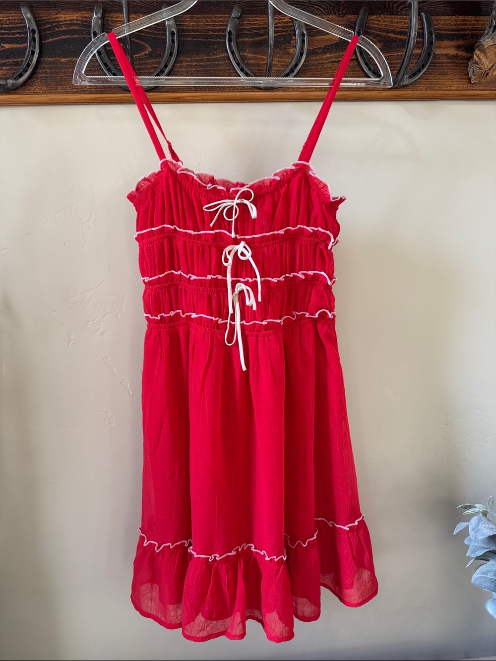Thirty Thirty Red Smocked Ruffle Sundress with Contrast Trim with Cute Bows
